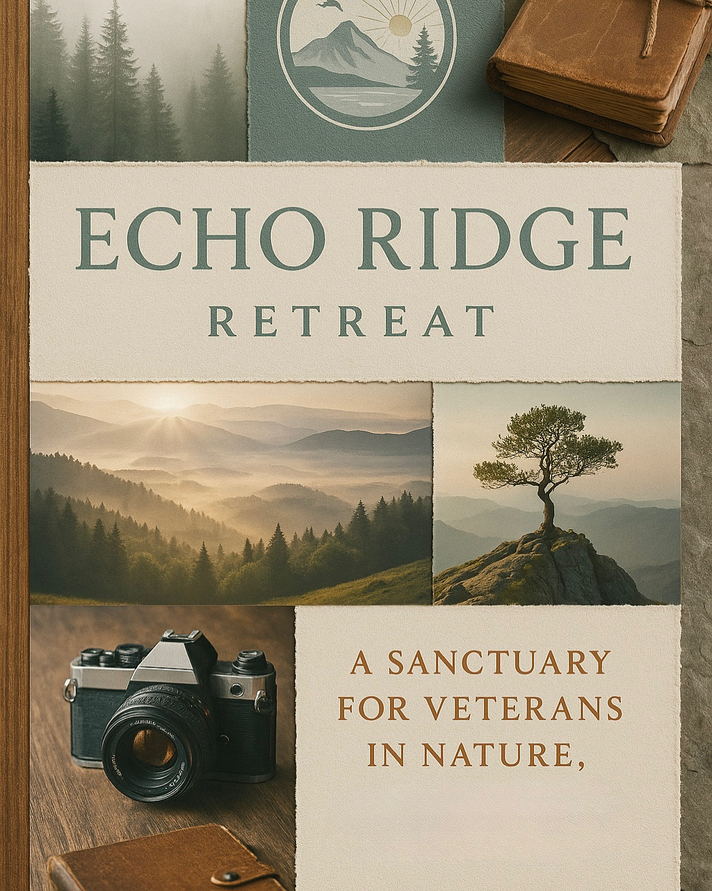 Echo Ridge Retreat mood board — misty forests, a lone tree and a film camera