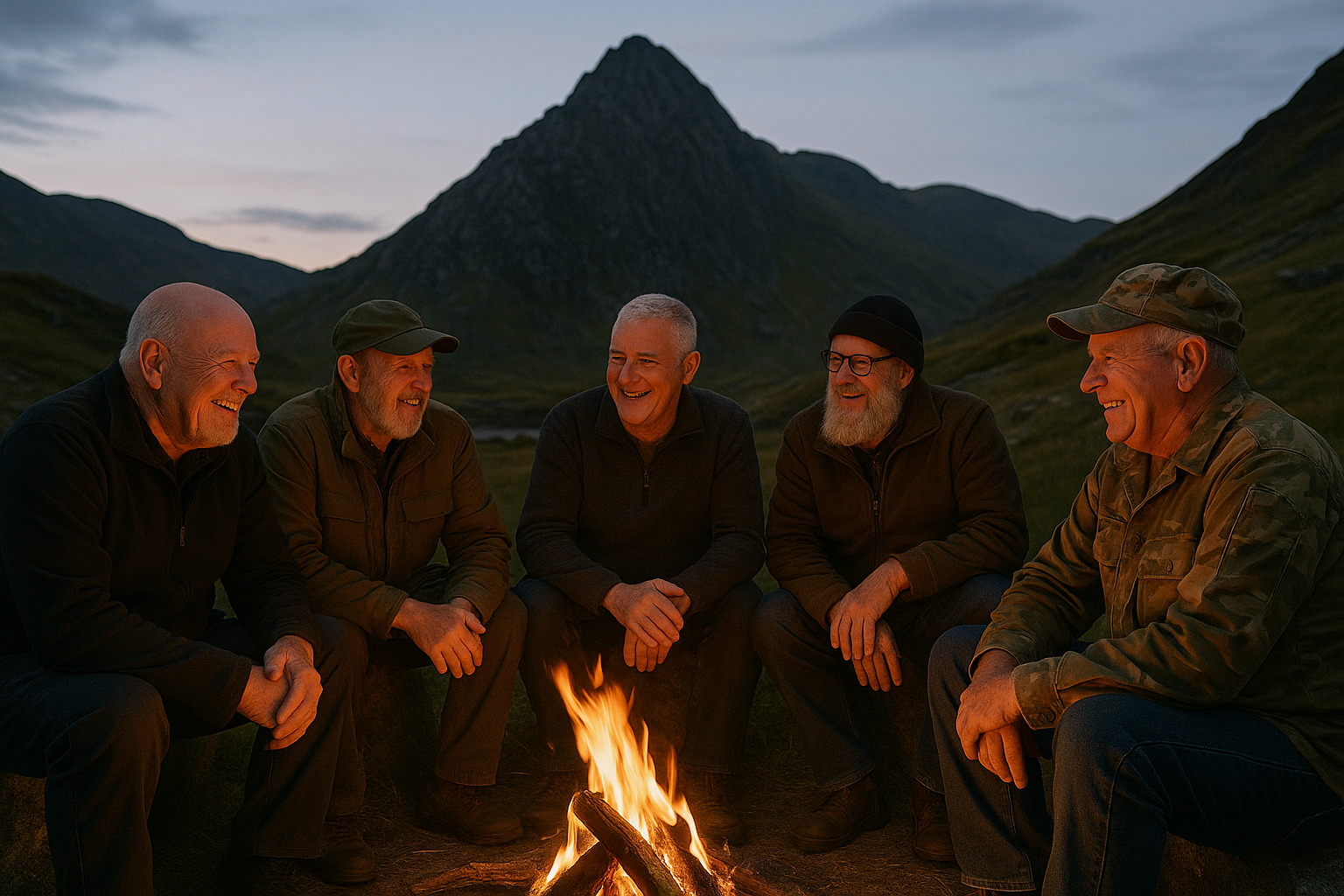 Artist's impression of veterans gathered around a campfire beneath the mountains