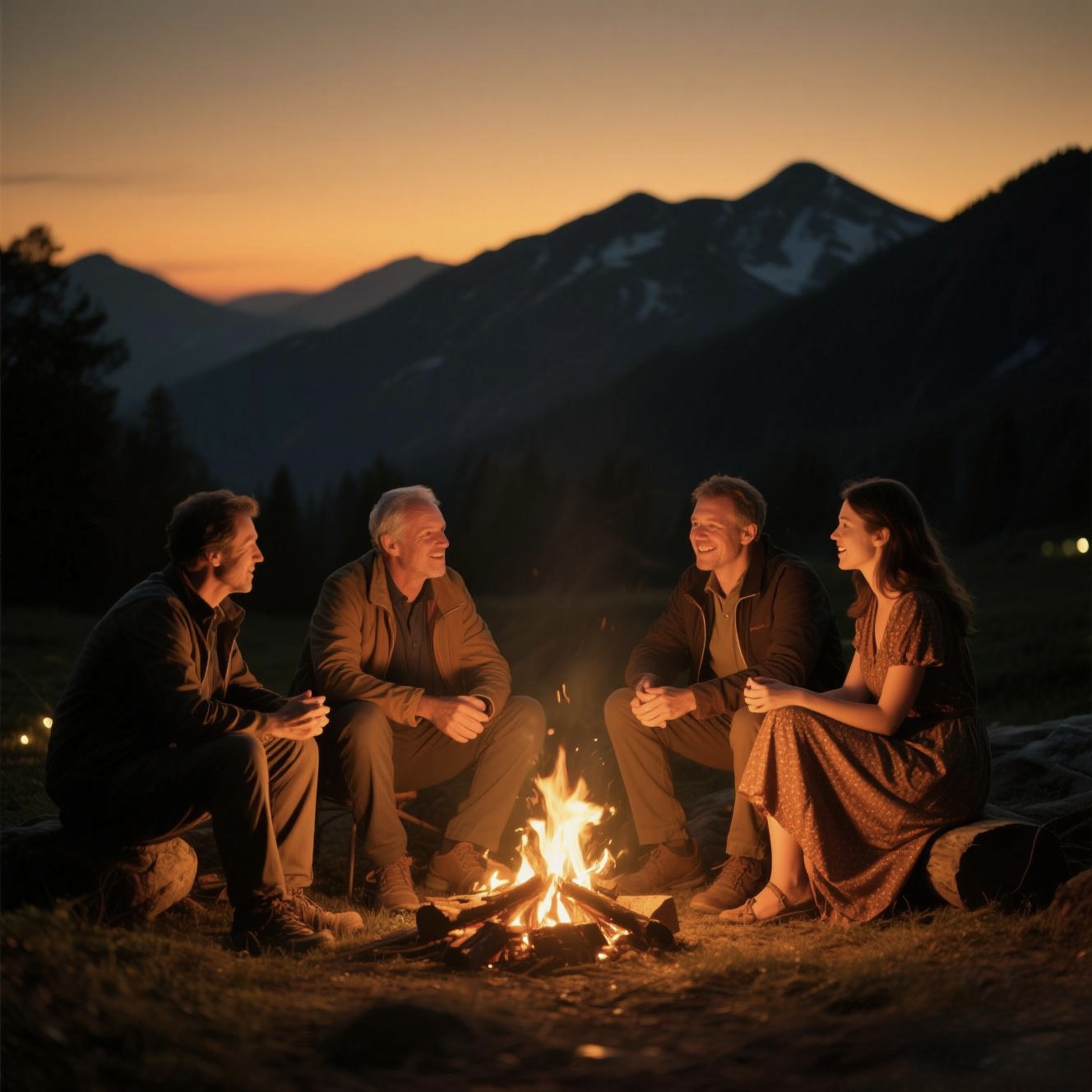 Artist's impression of people in conversation around a campfire at dusk