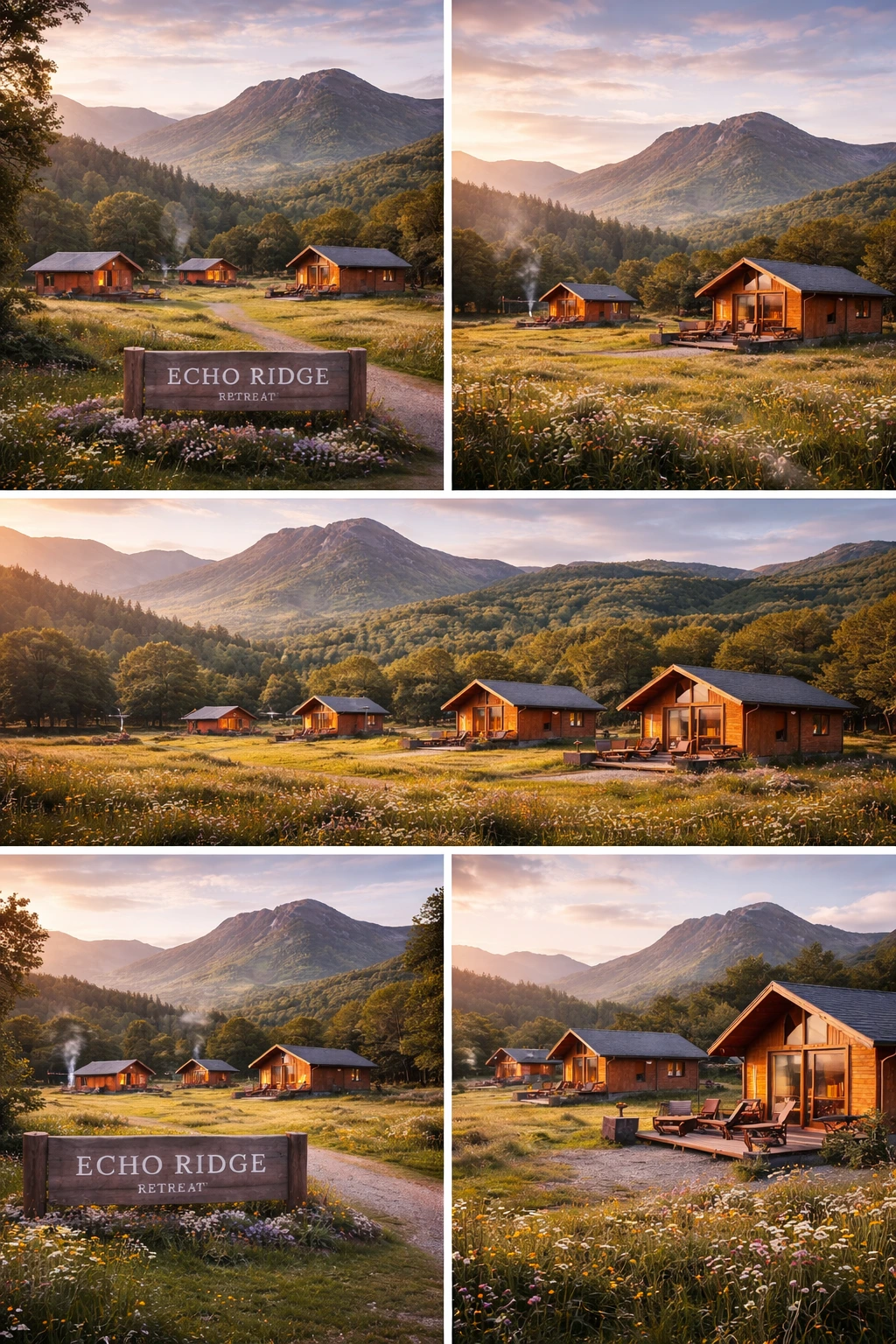 Artist's impression of cabins in open meadow at golden hour