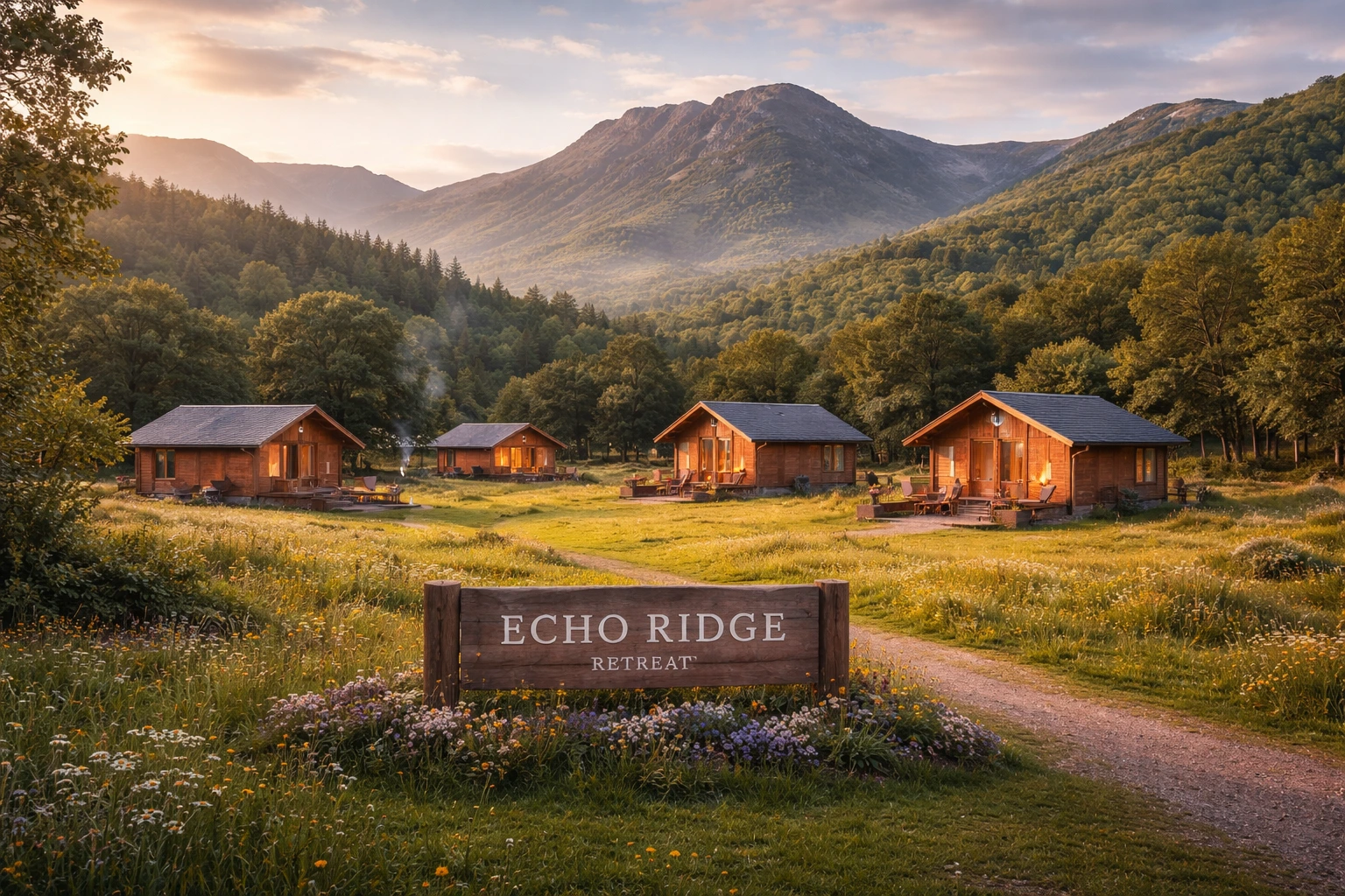 Artist's impression of Echo Ridge Retreat — timber cabins in a wildflower meadow beneath a countryside mountain